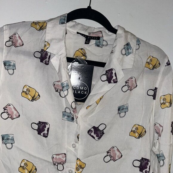 Como Black White Long Sleeve Button Up Multi Color Purse Print Blouse Size Small - Picture 3 of 9